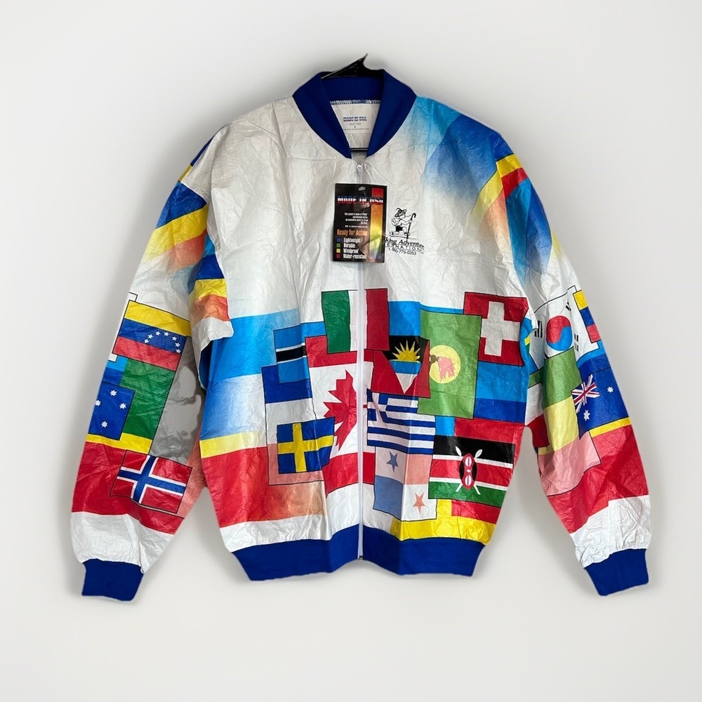 Vintage NOS 80s Dupont Tyvek Windbreaker Jacket World Flags Print - Never Worn L